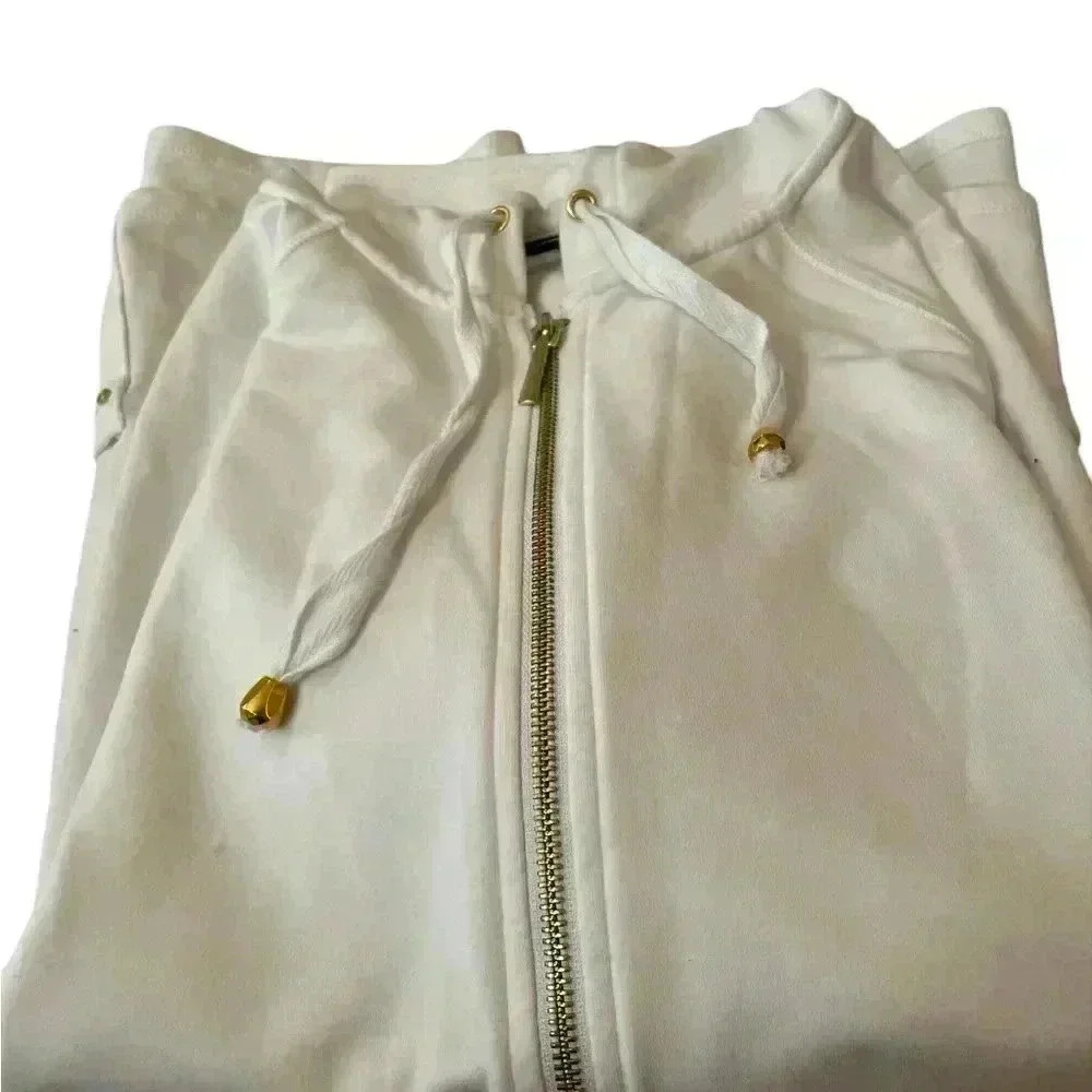 Susan Graver /Style White Longer Hoodie With Gold Accents
